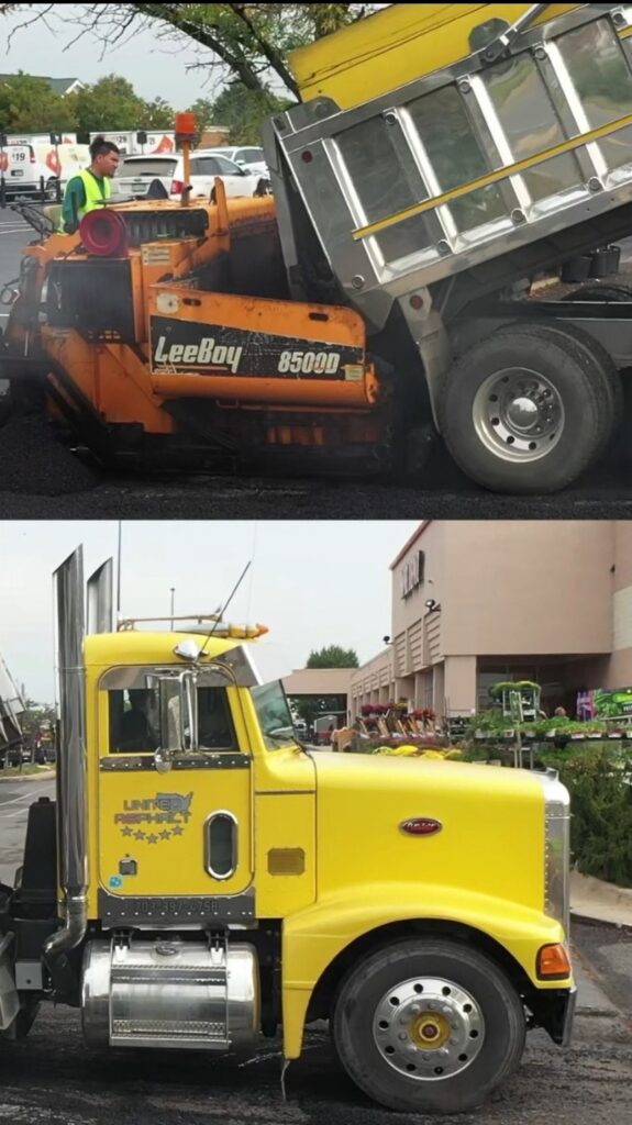 Two construction trucks: an orange LeeBoy paving machine laying asphalt (top) and a bright yellow semi-truck parked nearby (bottom).